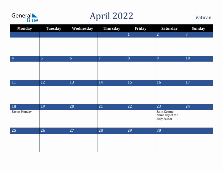 April 2022 Vatican Calendar (Monday Start)