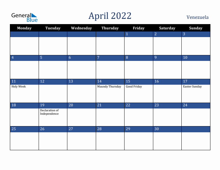 April 2022 Venezuela Calendar (Monday Start)