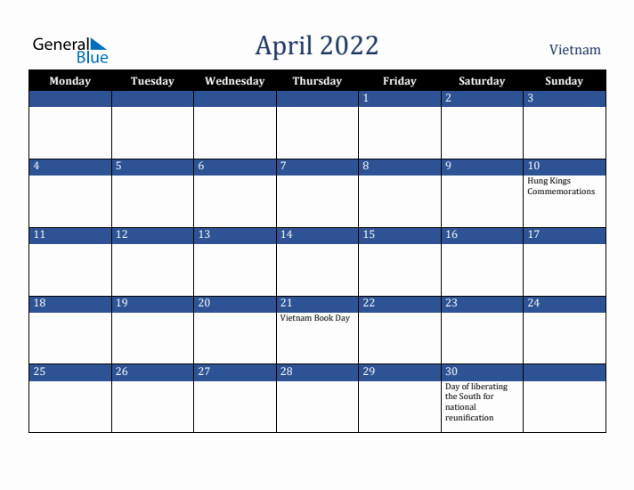 April 2022 Vietnam Calendar (Monday Start)