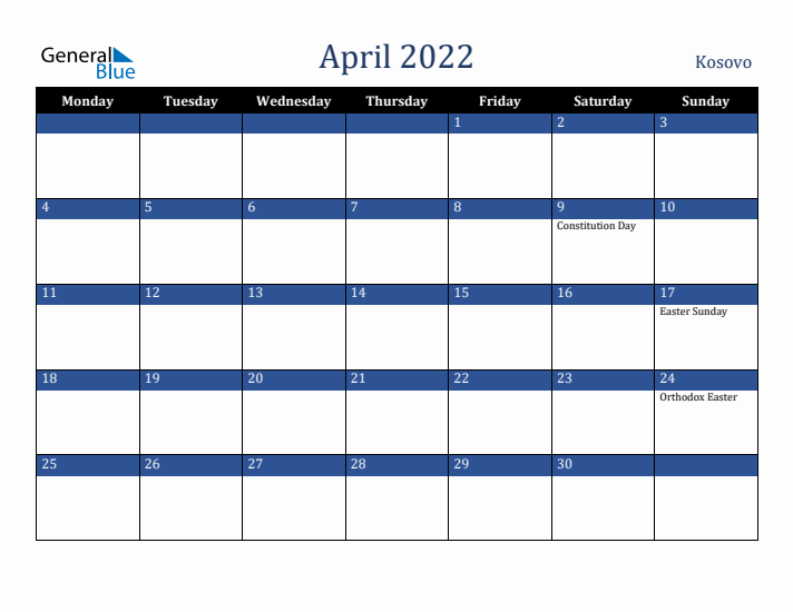 April 2022 Kosovo Calendar (Monday Start)