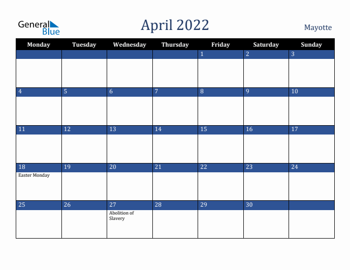 April 2022 Mayotte Calendar (Monday Start)