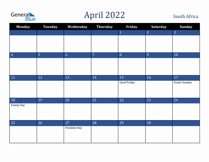 April 2022 South Africa Calendar (Monday Start)