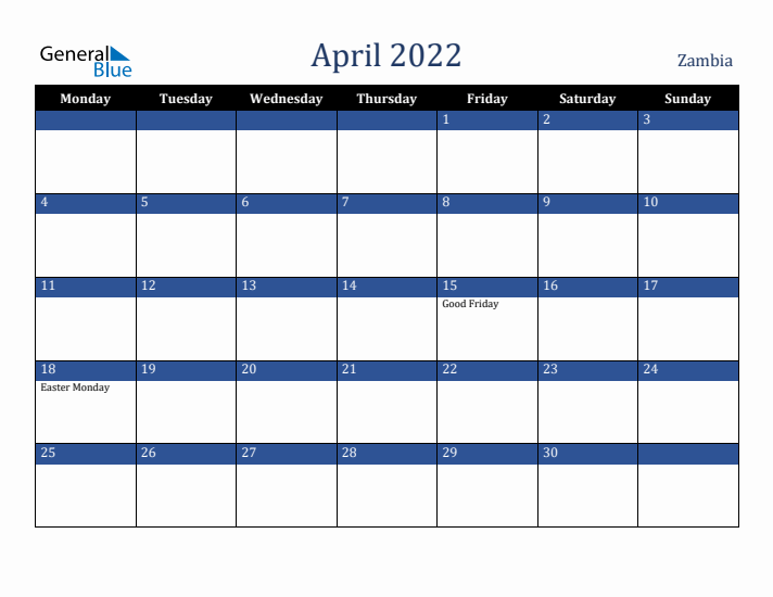 April 2022 Zambia Calendar (Monday Start)