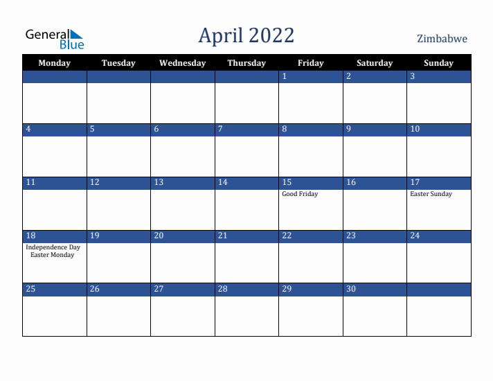 April 2022 Zimbabwe Calendar (Monday Start)