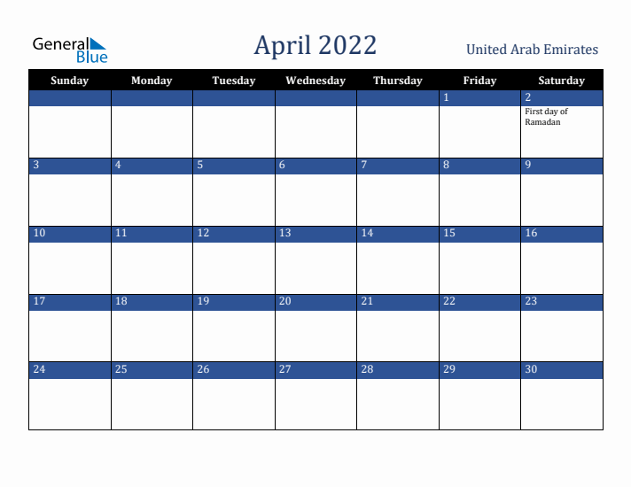April 2022 United Arab Emirates Calendar (Sunday Start)