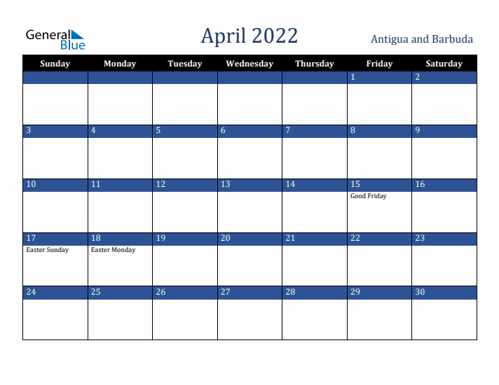 April 2022 Antigua and Barbuda Calendar (Sunday Start)