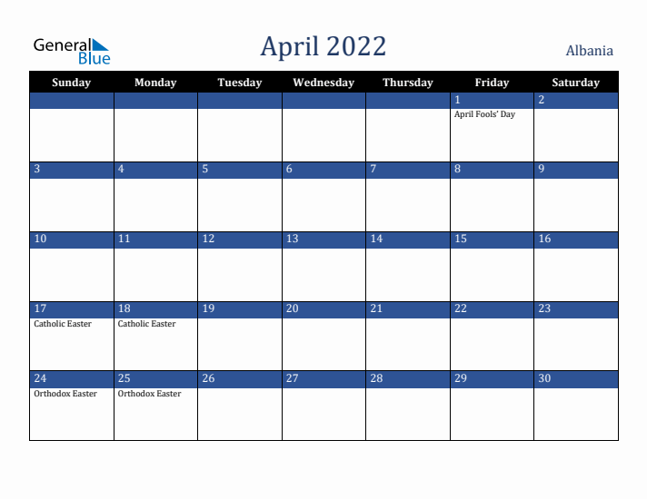 April 2022 Albania Calendar (Sunday Start)