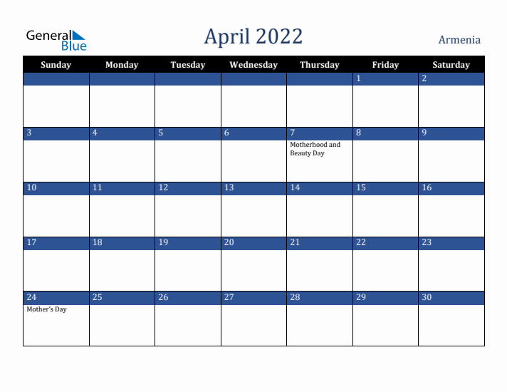 April 2022 Armenia Calendar (Sunday Start)