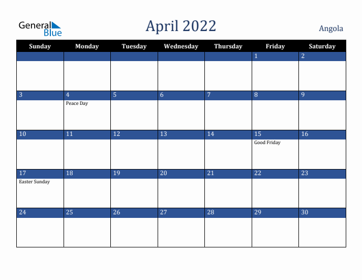 April 2022 Angola Calendar (Sunday Start)