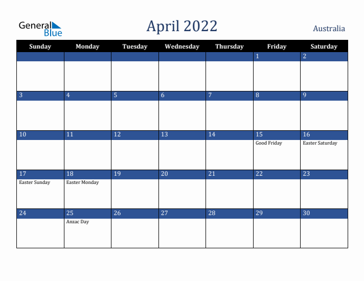 April 2022 Australia Calendar (Sunday Start)