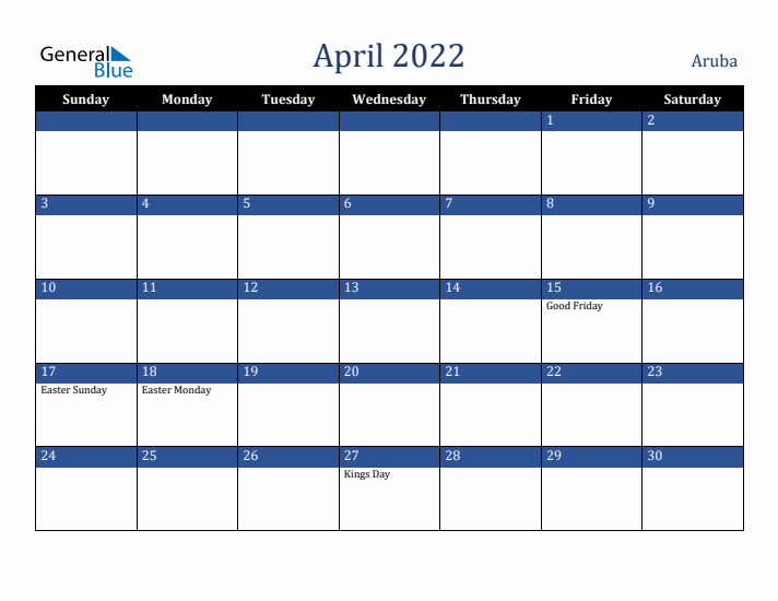 April 2022 Aruba Calendar (Sunday Start)