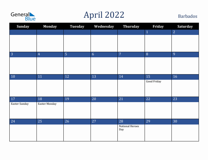 April 2022 Barbados Calendar (Sunday Start)