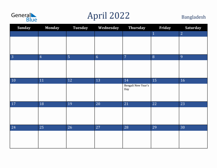April 2022 Bangladesh Calendar (Sunday Start)