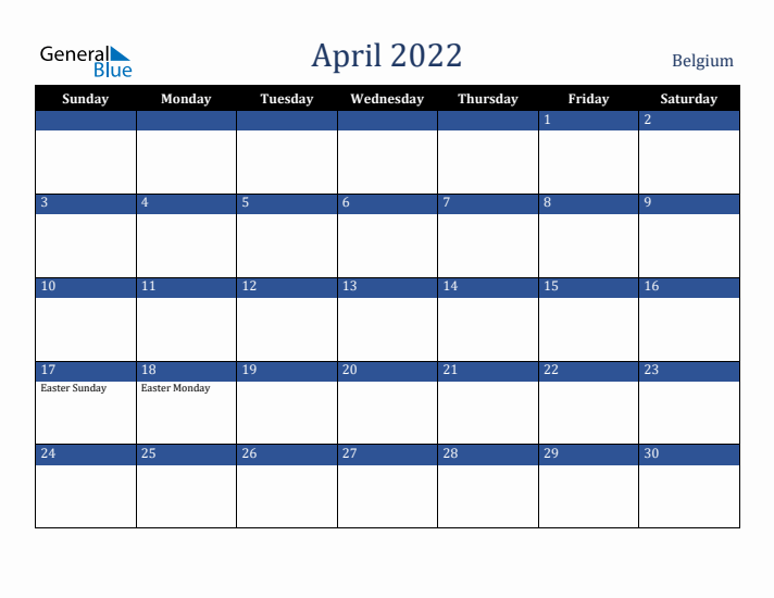 April 2022 Belgium Calendar (Sunday Start)
