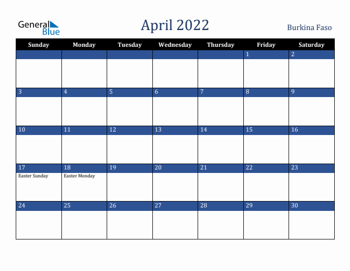 April 2022 Burkina Faso Calendar (Sunday Start)