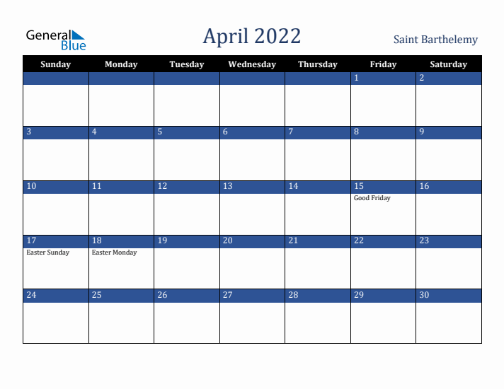 April 2022 Saint Barthelemy Calendar (Sunday Start)