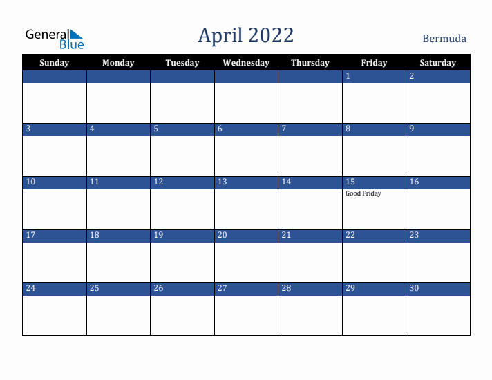 April 2022 Bermuda Calendar (Sunday Start)