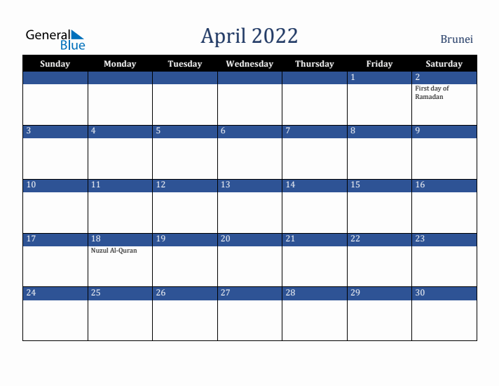 April 2022 Brunei Calendar (Sunday Start)