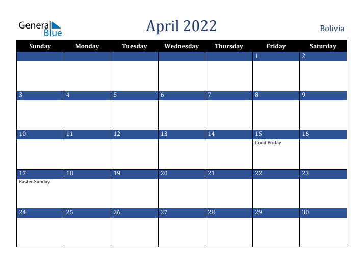 April 2022 Bolivia Calendar (Sunday Start)