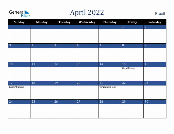 April 2022 Brazil Calendar (Sunday Start)