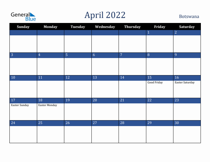 April 2022 Botswana Calendar (Sunday Start)
