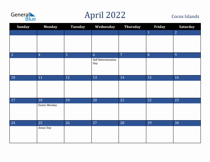 April 2022 Cocos Islands Calendar (Sunday Start)