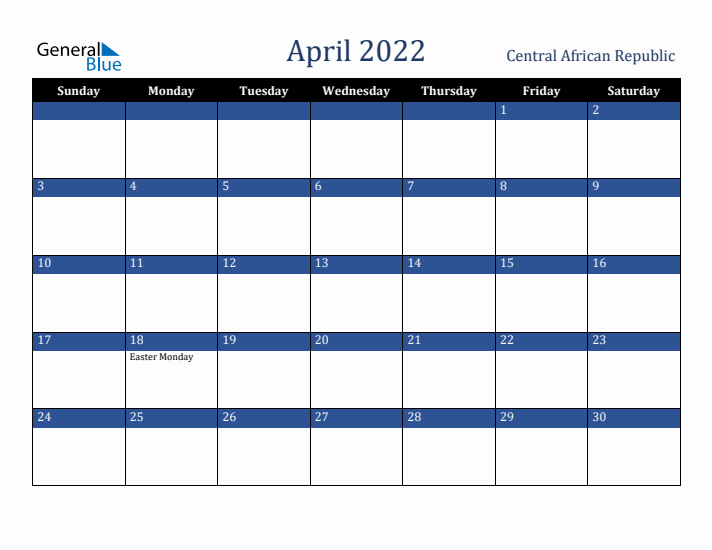April 2022 Central African Republic Calendar (Sunday Start)