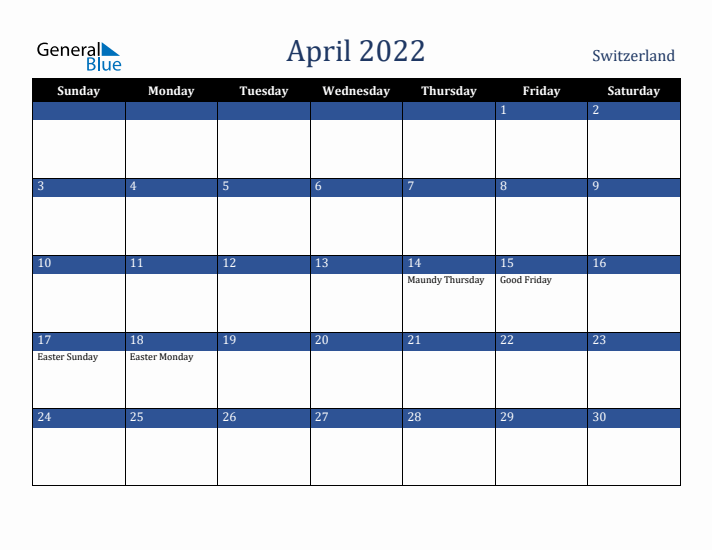 April 2022 Switzerland Calendar (Sunday Start)