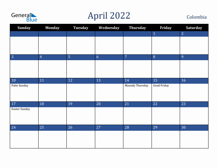 April 2022 Colombia Calendar (Sunday Start)
