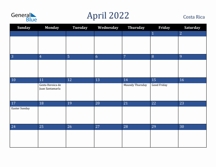 April 2022 Costa Rica Calendar (Sunday Start)