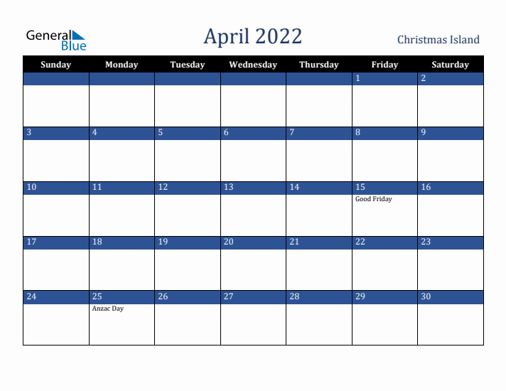 April 2022 Christmas Island Calendar (Sunday Start)