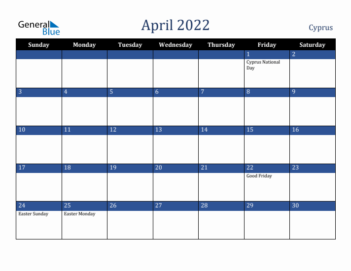 April 2022 Cyprus Calendar (Sunday Start)