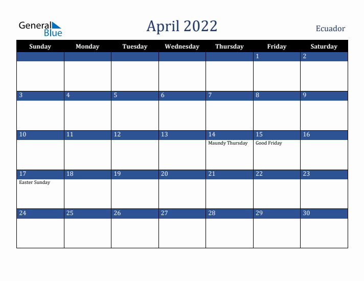 April 2022 Ecuador Calendar (Sunday Start)