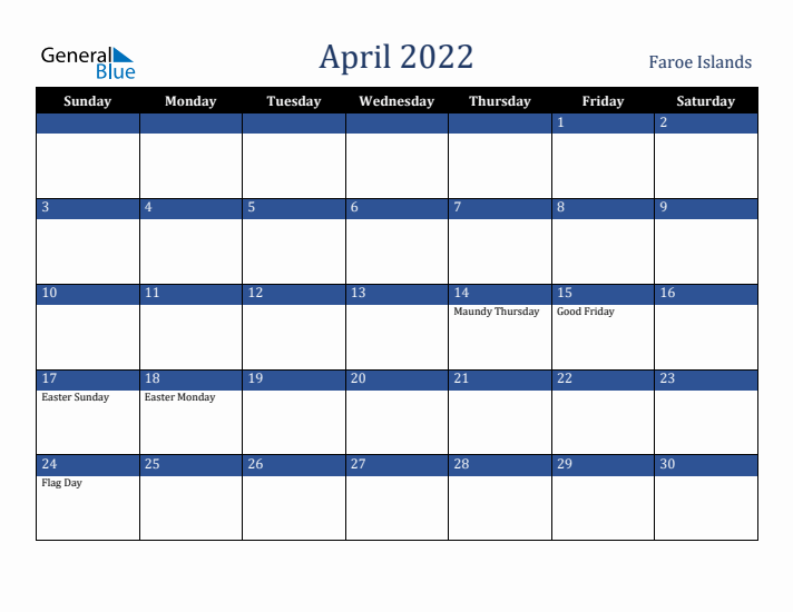 April 2022 Faroe Islands Calendar (Sunday Start)