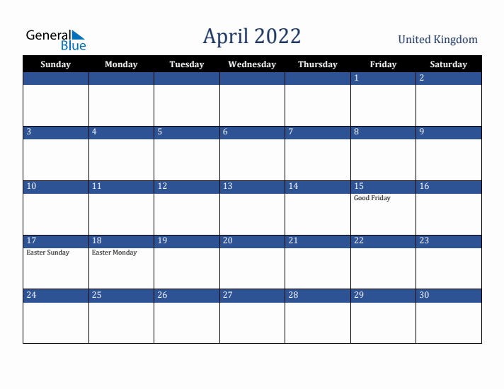 April 2022 United Kingdom Calendar (Sunday Start)