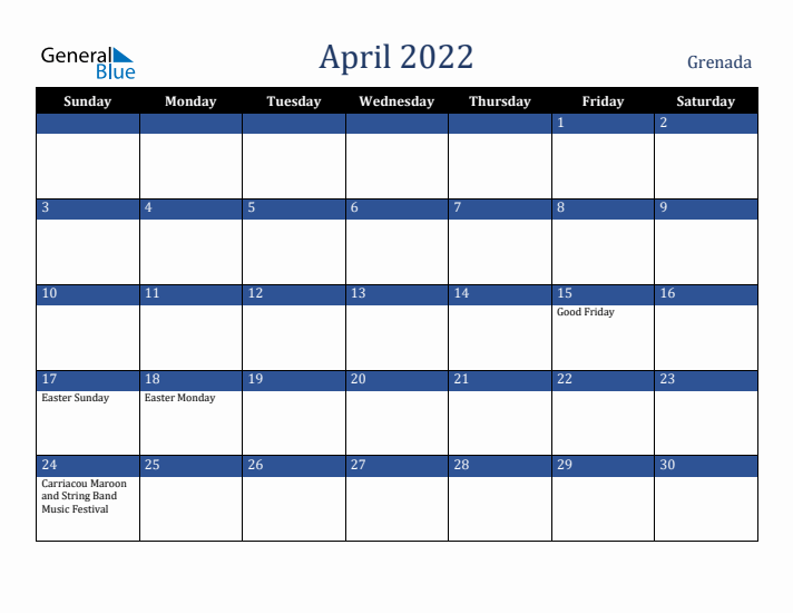 April 2022 Grenada Calendar (Sunday Start)
