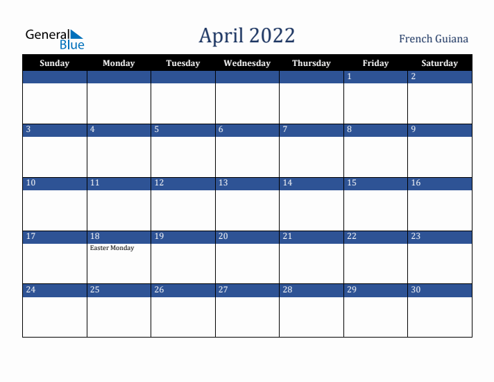 April 2022 French Guiana Calendar (Sunday Start)