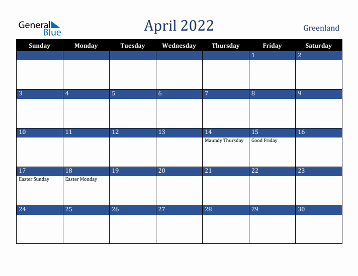 April 2022 Greenland Calendar (Sunday Start)