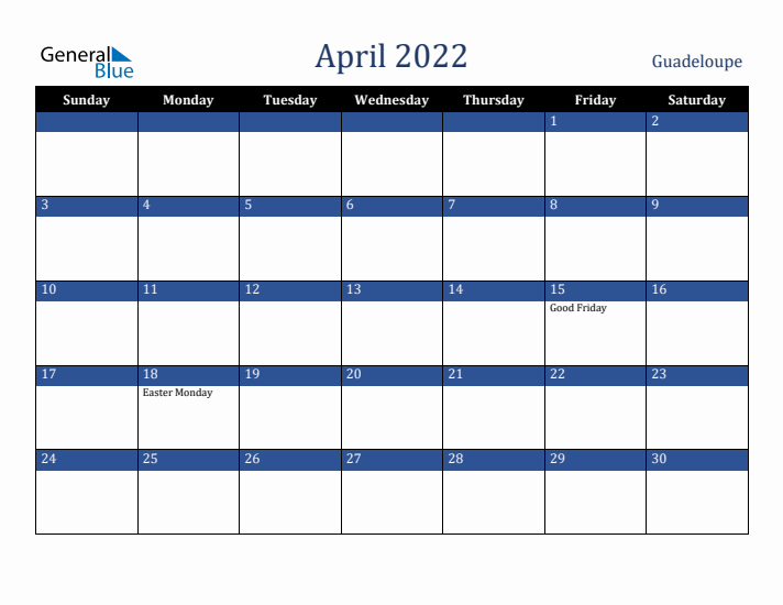 April 2022 Guadeloupe Calendar (Sunday Start)