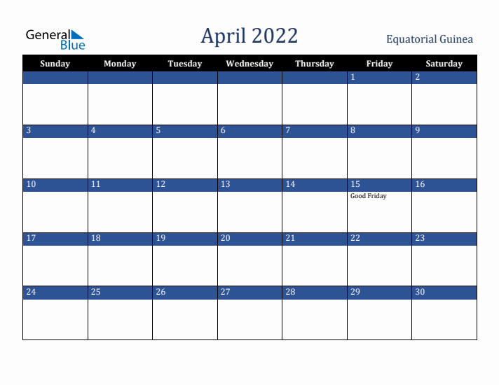 April 2022 Equatorial Guinea Calendar (Sunday Start)