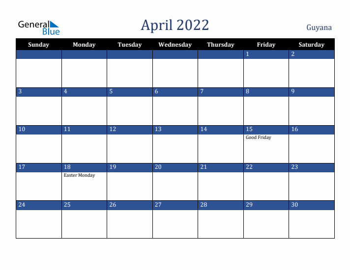 April 2022 Guyana Calendar (Sunday Start)