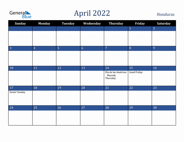 April 2022 Honduras Calendar (Sunday Start)