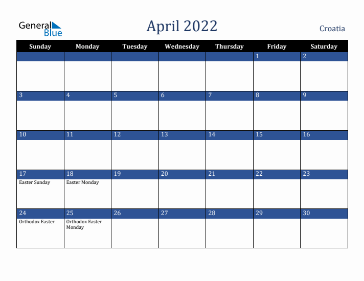 April 2022 Croatia Calendar (Sunday Start)