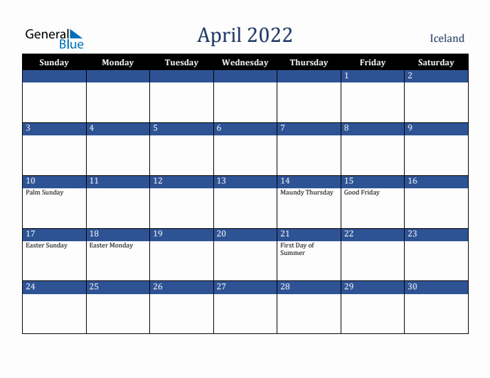 April 2022 Iceland Calendar (Sunday Start)