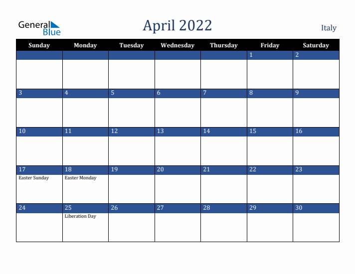 April 2022 Italy Calendar (Sunday Start)