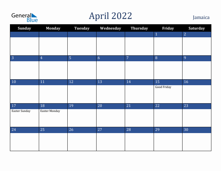 April 2022 Jamaica Calendar (Sunday Start)
