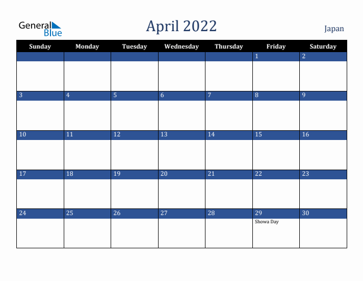 April 2022 Japan Calendar (Sunday Start)