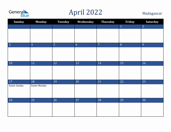 April 2022 Madagascar Calendar (Sunday Start)