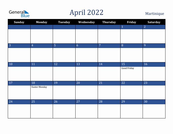 April 2022 Martinique Calendar (Sunday Start)