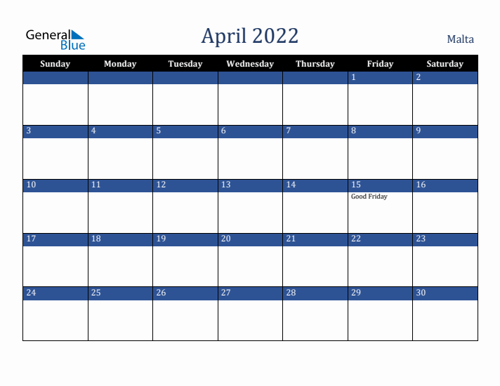 April 2022 Malta Calendar (Sunday Start)